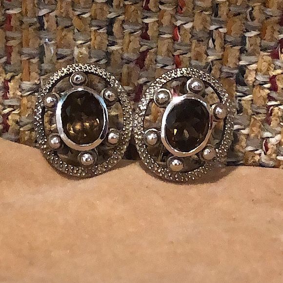 Smokey Topaz Sterling Silver Faceted Filigree Accent Oval Earrings - Picture 13 of 16